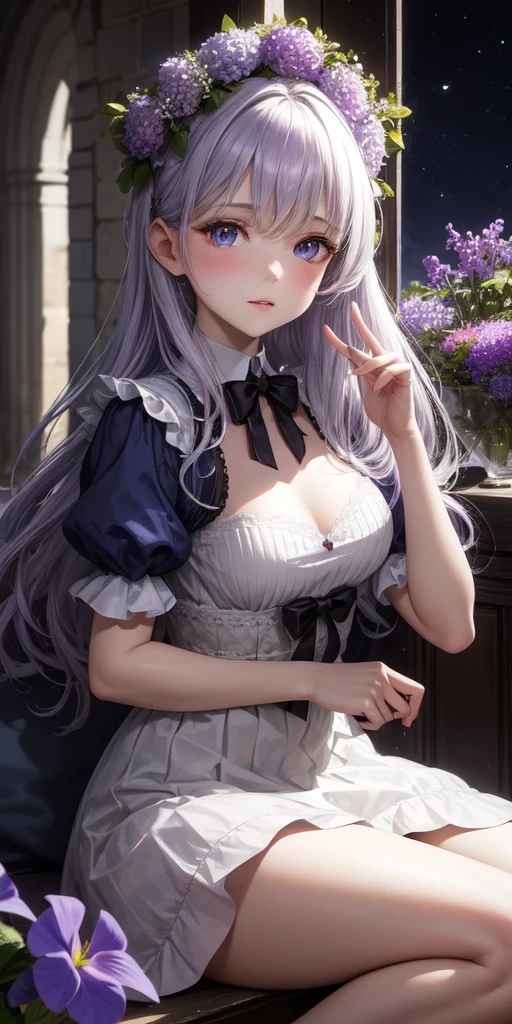réaliste, 1fille, cheveux blancs, yeux violets, yeux brillants, haut court, jupe, lèvres entrouvertes, Rougir, nuit, fleurs, Soleil, Soleillight,