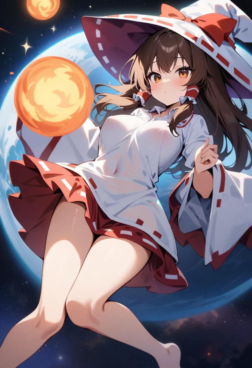 masterpiece, best quality, very aesthetic, absurdres, newest,1girl,naked_shirt, covered_nipples, ,touhou, hakurei_reimu, 1girl, brown_eyes, brown_hair, long_hair, hair_bow, hair_tubes, frilled_hair_tubes, hat, witch_hat,,,in space