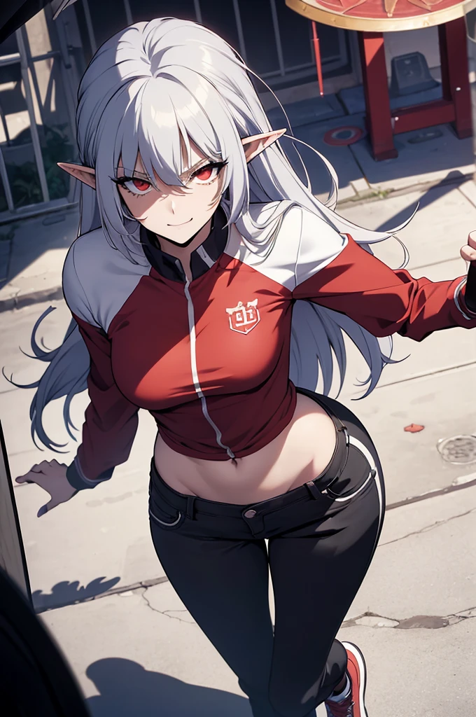 Alice,Vampir,grey hair, Long hair, red eye, pointy ears, small breasts,19 Gender, hooligan, Size, Legsupms, buttocks, pecs, Camera from above, Frame from above, the night, illumination, looks at the viewer, ssmile, grin, criminal, lachend, Shirt unbuttoned, beautiful body(Perfect Anatomy 1.1), medium chest, naked breasts, Crazy people, White shirt, black trousers, Tucked-up trousers, red sneakers, vulgar, Eroticism, Half-naked, beautiful breasts, Size, sexy body, high resolution, 1 girl, 独奏, length hair,, dangerous,lively eyes, Odin, fascinating eyes,confident,Superior, naughty, Coole Anime 8K, Clean and detailed anime art, 4k manga wallpapers, Detailed portrait of Anime Girl, Anime 4K-Stil, Anime Art Wallpapers 4K, Anime Art Wallpaper 4K Masterpiece, beautiful, best quality,