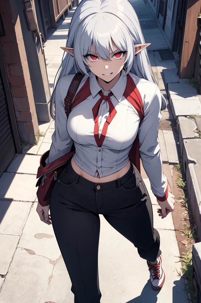 Alice,Vampir,grey hair, Long hair, red eye, pointy ears, small breasts,19 Gender, hooligan, Size, Legsupms, buttocks, pecs, Camera from above, Frame from above, the night, illumination, looks at the viewer, ssmile, grin, criminal, lachend, Shirt unbuttoned, beautiful body(Perfect Anatomy 1.1), medium chest, naked breasts, Crazy people, White shirt, black trousers, Tucked-up trousers, red sneakers, vulgar, Eroticism, Half-naked, beautiful breasts, Size, sexy body, high resolution, 1 girl, 独奏, length hair,, dangerous,lively eyes, Odin, fascinating eyes,confident,Superior, naughty,  Coole Anime 8K, Clean and detailed anime art, 4k manga wallpapers, Detailed portrait of Anime Girl, Anime 4K-Stil, Anime Art Wallpapers 4K, Anime Art Wallpaper 4K Masterpiece, beautiful, best quality,
