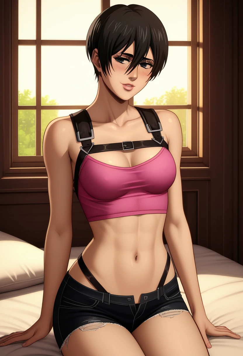 score_9_up, score_8_up, score_7_up, 1girl, solo, mature female, ((Mikasa Ackerman)), ((black very short hair)), ((black pixie cut)), black eyes, pink lips, fit slim body,(((perfect erected medium breast))) (((pink tight short top, tight jean shorts, black harness))), (((highly detailed bedroom, window, bed))), perfect fit model body, wide hips, shy smile, seductive pose