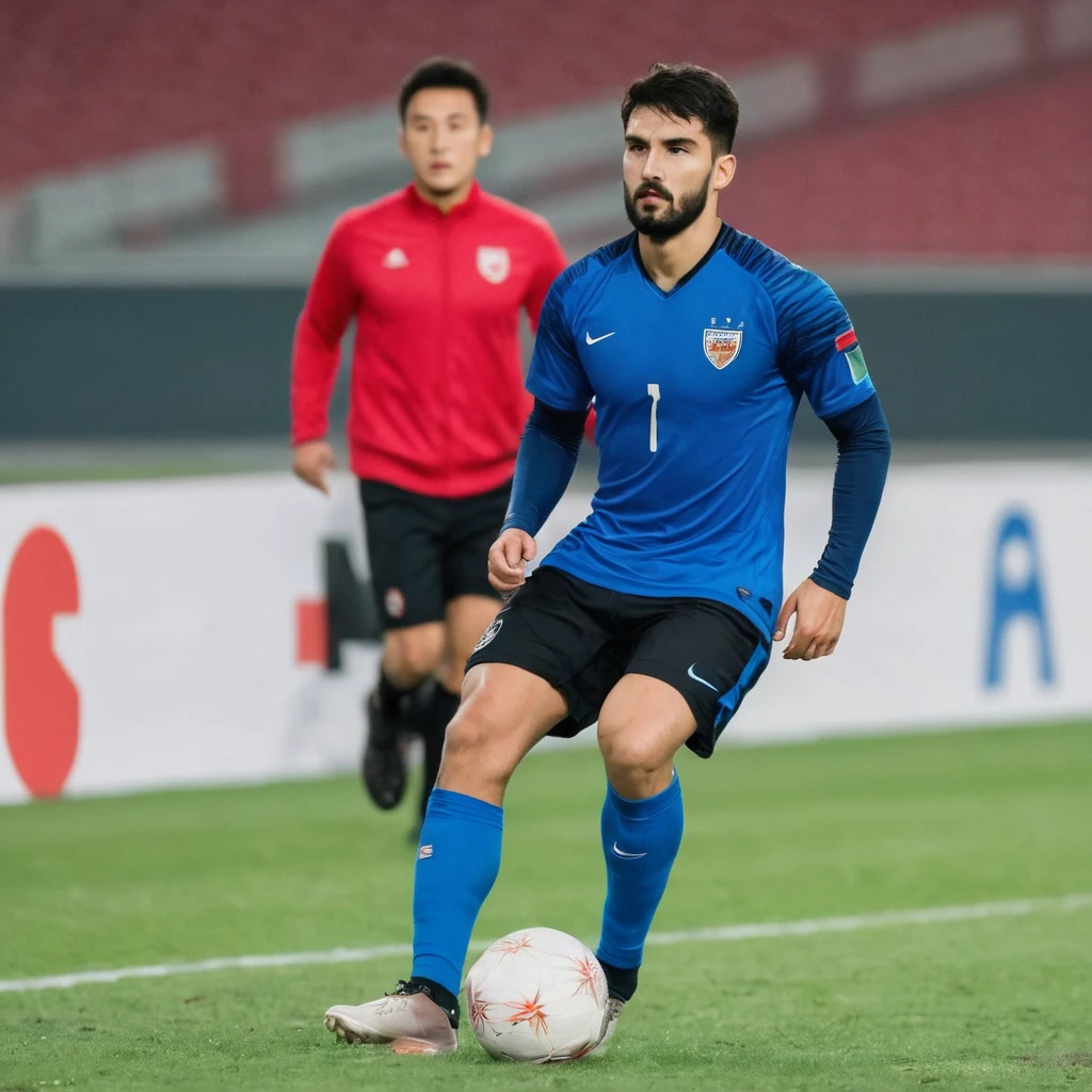 A football player from a national team with a blue uniform and black shorts