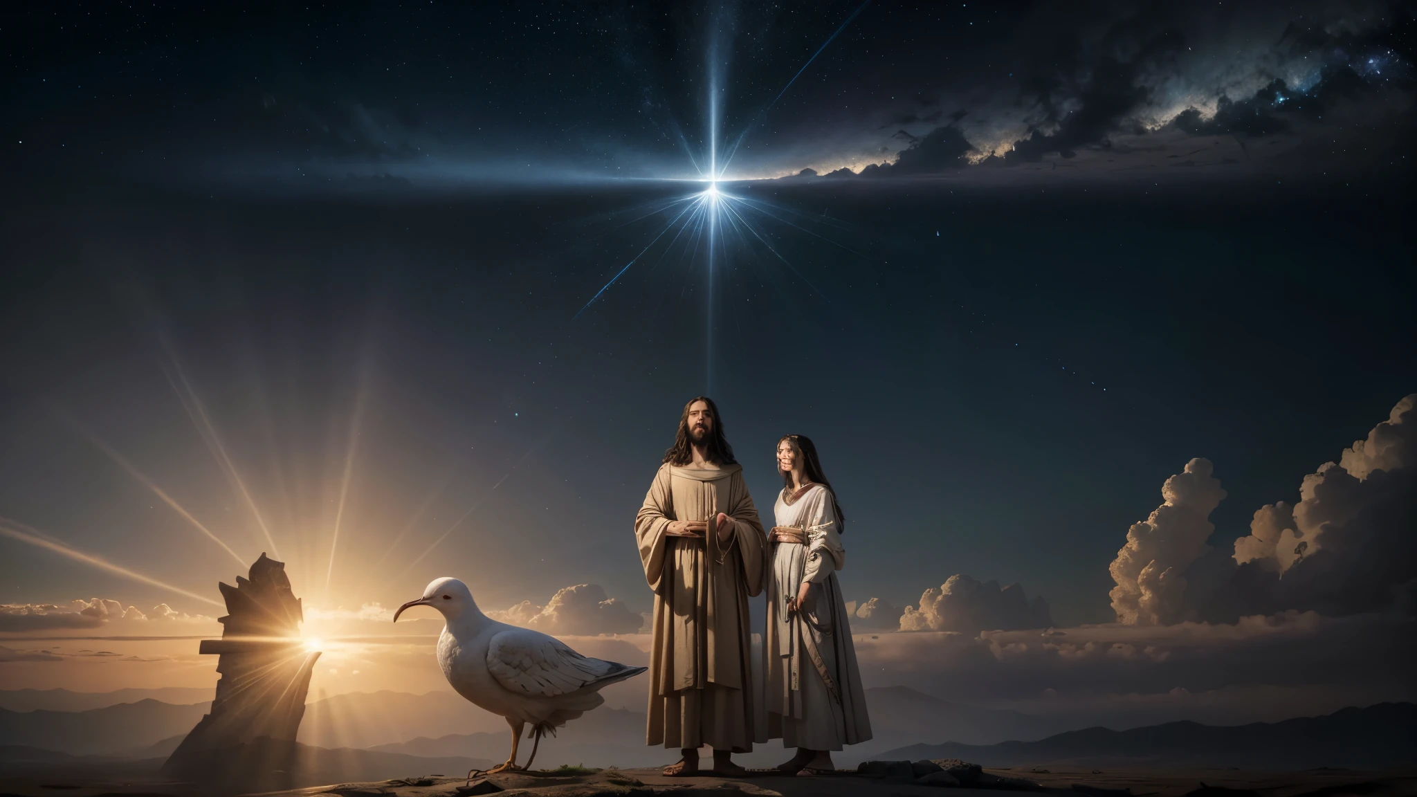 Description: Photorealistic image illustrating God, Jesus, and the Holy Spirit together, with Jesus standing beside God, both surrounded by a radiant, divine light, and the Holy Spirit depicted as a glowing dove above them. The scene is set in a serene, celestial landscape, with an atmosphere of peace and divine presence.
Image Type: Photorealistic
Art Styles: Hyperrealism, Spiritual Art, Biblical Art
Inspirations: Caravaggio, Rembrandt, Michelangelo
Camera: Wide-angle shot, high resolution
Shot: Group shot, centered composition
Render: Ultra-detailed, 8K resolution
Lighting: Soft, glowing, heavenly light
Environment/Background: Celestial landscape, divine aura, serene atmosphere
Keywords: God, Jesus, Holy Spirit, divine light, inspirational energy