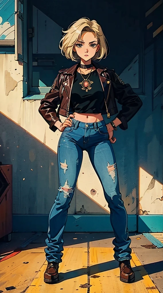 a beautiful woman with tousled blonde hair, an oval-shaped face, delicate features, slender eyes that exude a cunning expression, she wears a form-fitting leather jacket primarily in black with accents of yellow, along with a worn-out brown jacket with a furry collar on top, her lower half is clad in dark blue denim jeans, she stands casually with her hands on her hips, the character design reflects a punk-style smuggler inspired by Japanese anime design, the artwork features finely detailed character design, showcasing a mature Japanese manga artistic style, ((character concept art)), full body character drawing, high definition, best quality, ultra-detailed, extremely delicate, anatomically correct, symmetrical face, extremely detailed eyes and face, high quality eyes, creativity, RAW photo, UHD, 8k, (Natural light, professional lighting:1.2, cinematic lighting:1.5, best shadow), (masterpiece:1.5)