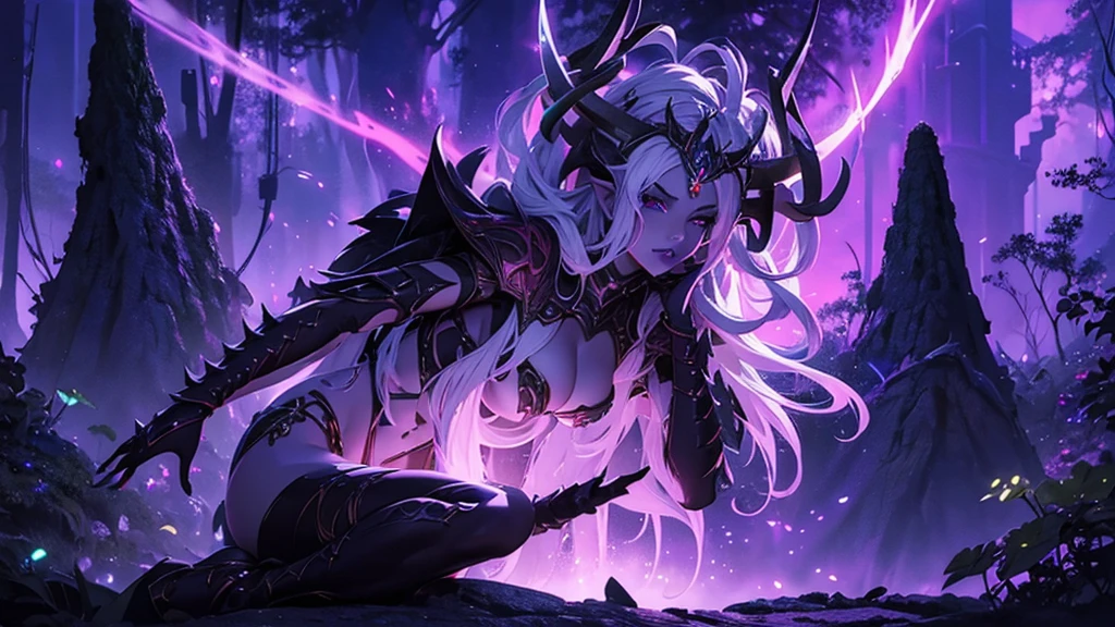 Nice Alluring female drow knight, She wears an ornate horned crown, Mythology theme, fantasy themed, purple skin, light long white hair, red eye, one cup size extremely small breasts, Inside A magical dark bioluminescent mushroom forest, Barely dressed, Gothic Bikini Armor with Spikes, Nice D&d Character portrait, Nice Fantasy, Detailed, digital art, extreme detail, polished, Nice, Hyperdetailed, complicated, well thought out, Carefully, Anime Figure, Detailed, Anime face, keen focus, unreal engine, 3D rendered, volumetric lightning, reflections, glittering, digitale Illustration, sensual pose, Suggestive pose, Full body shot, small perky breasts, anatomically correct 💖❤💕💋❣