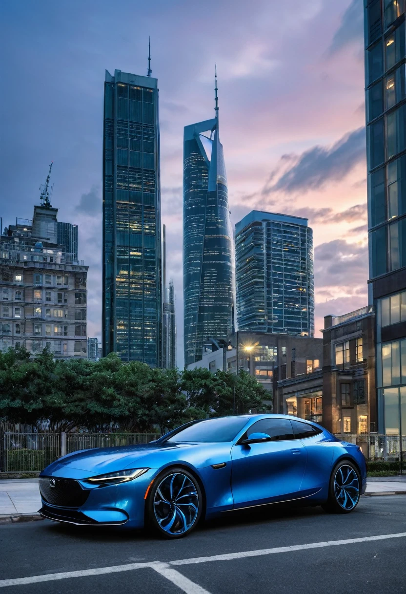An image with a modern urban background, featuring a cloudy sky and distant tall buildings, suggesting an urban environment at dusk. In the center of the scene, a metallic blue car is parked