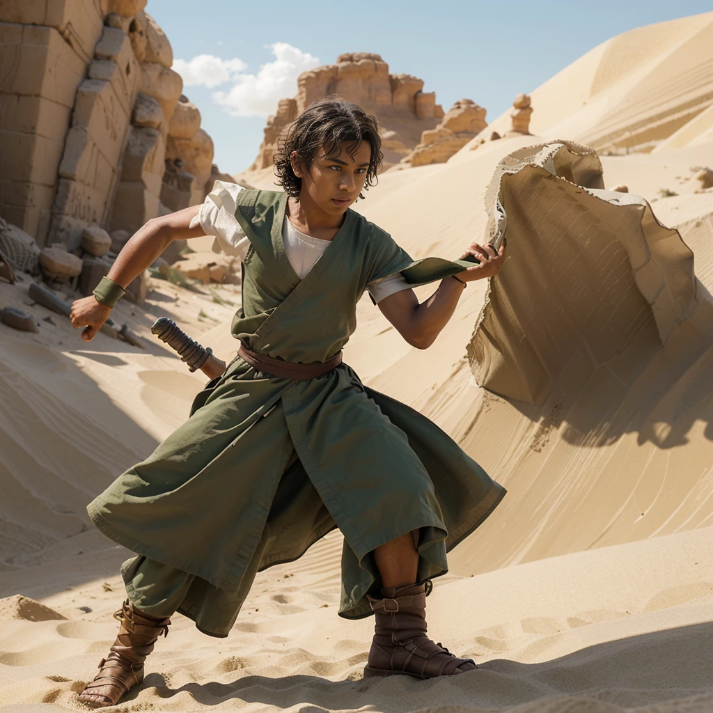 1boy, Full body version, 1character, (sand wanderer), brown eyes color, dark skin, Curly cut hairstyle, small eyes type, green colour hair, doctor ancient roman clothing style, white color clothing, dark green robe, Ancient roman boots, armor vest, sands in two hand, Grassroots background in desert, (battle, battle gesture, battle poses, view character on small, He a sand wanderer, he controls sand with his hands, he fights enemies with sand, enemies, bandits, Fighting, intense battles, fighting in desert, Dynamic Pose, Motion Blur, emphasis lines, sparks, plasma, aura)