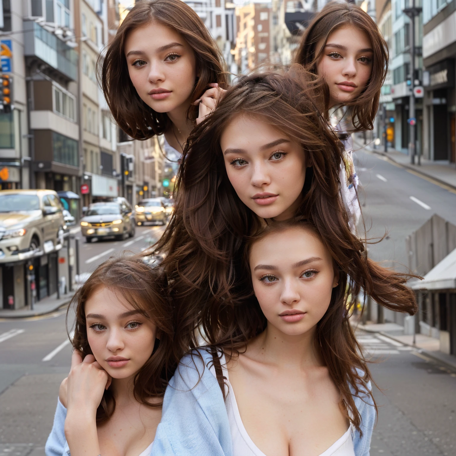 a close up of a woman standing on a city street, portrait sophie mudd, attractive girl, anna nikonova aka newmilky, street pic, at a city street, cute young woman, in city street, beautiful young girl, on a street, standing in a city street, beautiful model girl, girl with brown hair, in the city, instagram model