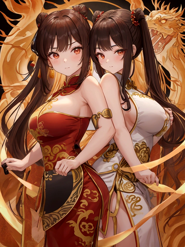 Huge Chinese martial artist 17 years old girl.long brown hair in hime-cut style, which she ties in Chinese-style twin-buns using white ribbons . Golden eyes. fair-complexion and has a hourglass figure with moderate bust-size.sleeveless-strapless dark red long cheongsam with golden chinese dragon draw on it.