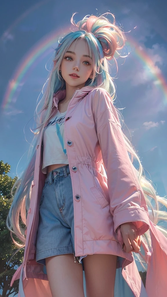 Background,(((blue Sky))) with a((( rainbow,)))(((from below,))) 20-year-old woman,smile,((( Platinum-coloured hair, Medium length hair,Hair with pink gradation at the ends,))) ((pale red eyes,)) Dark Theme, Calm tone, Calm colors, High Contrast, (Natural skin texture, Hyperrealism, Soft Light, sharp)smile,Large size white raincoat, shorts