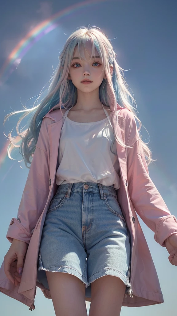 Background,(((blue Sky))) with a((( rainbow,)))(((from below,))) 20-year-old woman,smile,((( Platinum-coloured hair, Medium length hair,Hair with pink gradation at the ends,))) ((pale red eyes,)) Dark Theme, Calm tone, Calm colors, High Contrast, (Natural skin texture, Hyperrealism, Soft Light, sharp)smile,Large size white raincoat, shorts