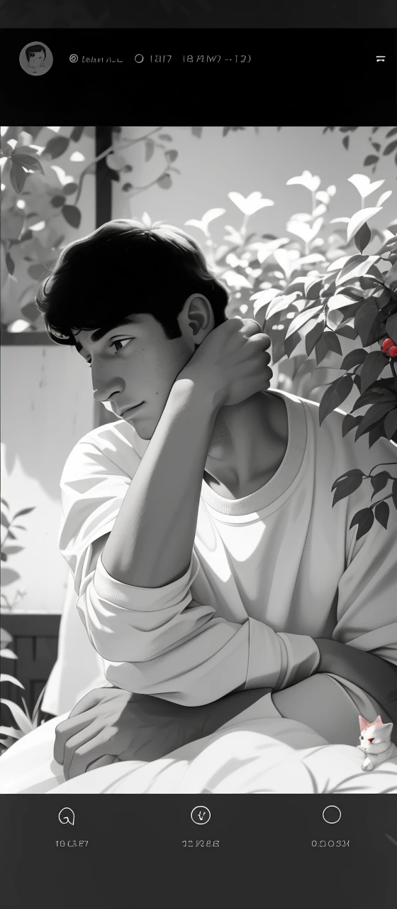 Retrato realista de um de sete anos, Ele usa uma camisa vermelha . Your face is and exploratory . Ele sai cautelosamente para o jardim da casa, A small cat is among the bushes and he touches it cautiously ,Not facing the camera,, Hair is messy ,