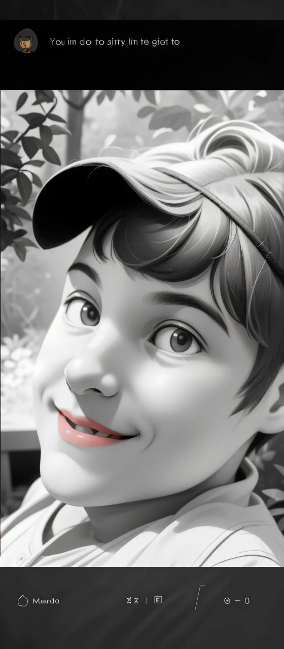 Retrato realista de um de sete anos, Ele usa uma camisa vermelha . Your face is and exploratory . Ele sai cautelosamente para o jardim da casa, A small cat is among the bushes and he touches it cautiously ,Not facing the camera,, Hair is messy ,