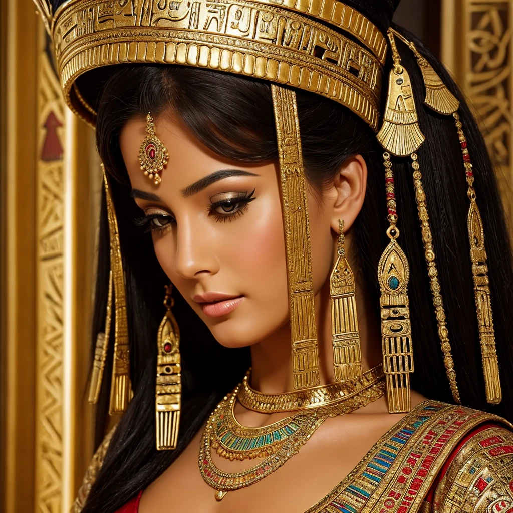 An artistic interpretation of a beautiful woman in Egyptian Style, characterized by a distinctive bun hat covering part of her face, adorned in ornate and traditional Egyptian attire. The woman exudes a sense of mystery and elegance through her ensemble, which features intricate jewelry and embellishments typical of Egyptian fashion. Her smooth and radiant skin, enhanced by subtle makeup, complements her graceful and captivating appearance. The artistic portrayal emphasizes the woman's beauty, the elaborate Egyptian attire, and the cultural richness of the overall design. The composition aims to capture the essence of Egyptian aesthetics and the timeless allure of the woman’s attire. Through artistic styling and creative interpretation, the image conveys a sense of enchantment and beauty inspired by Egyptian culture. The camera shot should be a detailed view to emphasize the artistry and elegance of the woman's Egyptian-inspired presentation."