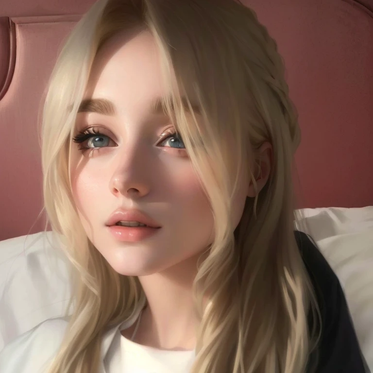 Blonde woman with long hair and white shirt sitting on a bed., portrait of kim petras, Charli Bowater, taken in the early 2020s, Kailee Mandel, profile picture, blonde hair and big eyes, looking to the side, Ava Max, very very low quality image, 18 years, long blonde hair and big eyes Sabrina Carpenter rubia hermosa