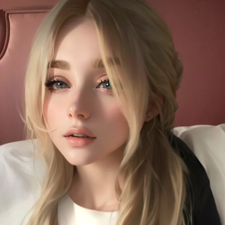 Blonde woman with long hair and white shirt sitting on a bed., portrait of kim petras, Charli Bowater, taken in the early 2020s, Kailee Mandel, profile picture, blonde hair and big eyes, looking to the side, Ava Max, very very low quality image, 18 years, long blonde hair and big eyes Sabrina Carpenter rubia hermosa