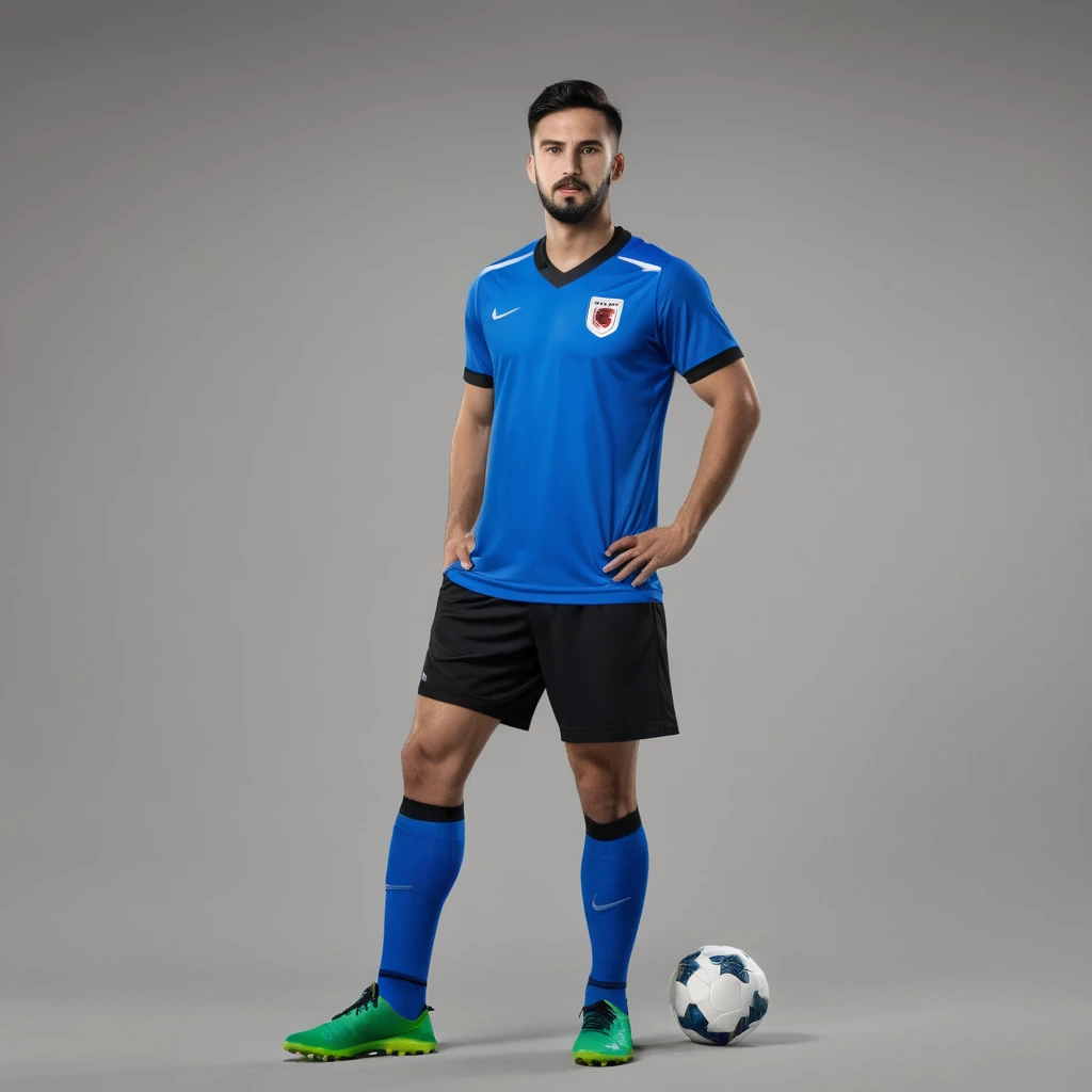 A football player from a national team with a blue uniform and black shorts