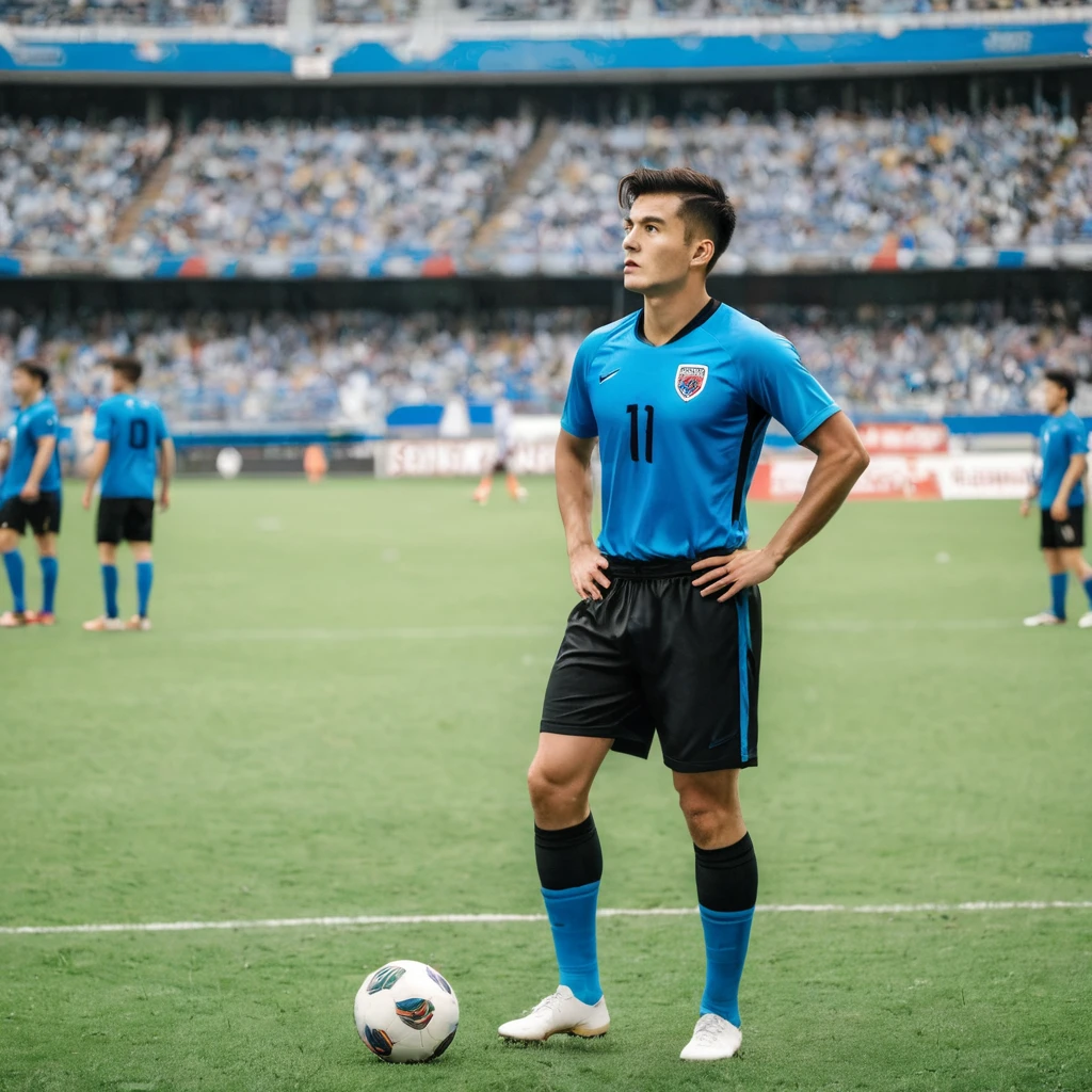 A football player from a national team with a blue uniform and black shorts