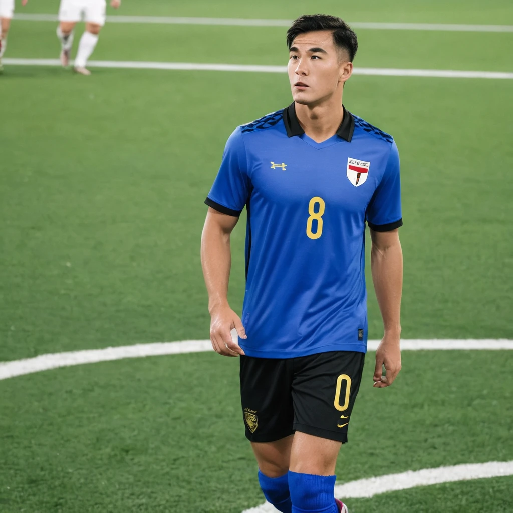 A football player from a national team with a blue uniform and black shorts