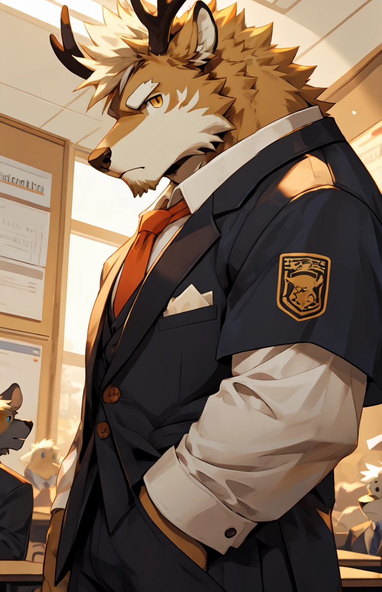 (by sollyz),Elk,detail face, detail eyes, detail,male,pants,nacked,furry, short hair,Looking at the audience,body in front,
,handsome,class room,stand,teacher,
strong,epic,