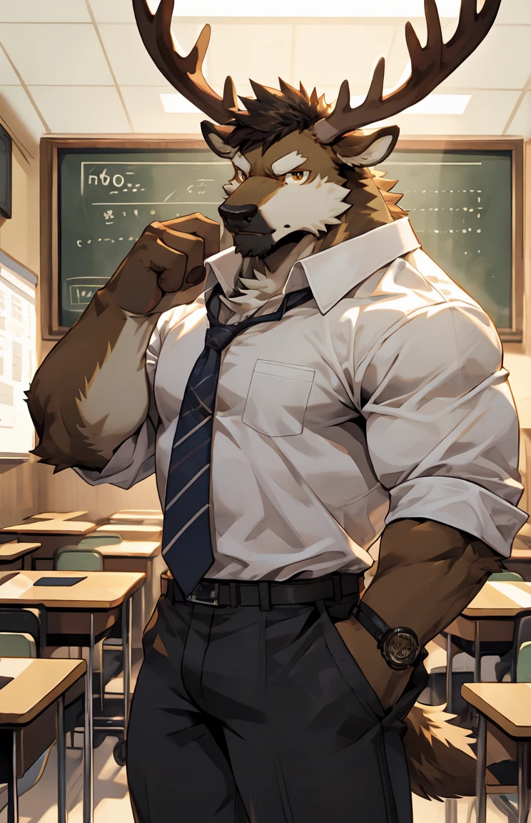 (by sollyz),Elk,detail face, detail eyes, detail,male,pants,nacked,furry, short hair,Looking at the audience,body in front,
,handsome,class room,stand,teacher,
strong,epic,