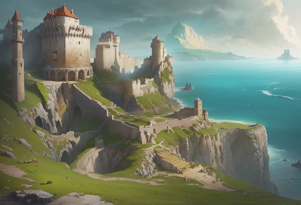 painting of a castle on a cliff overlooking the ocean, painted as a game concept art, digital painting concept art, scenery game concept art, painterly concept art, inspired by sung choi, ancient city landscape, environment painting, by Aleksander Gine, dota! matte painting concept art, background fortress, environment concept art, concept art. epic landscape, fantasyconcept art
