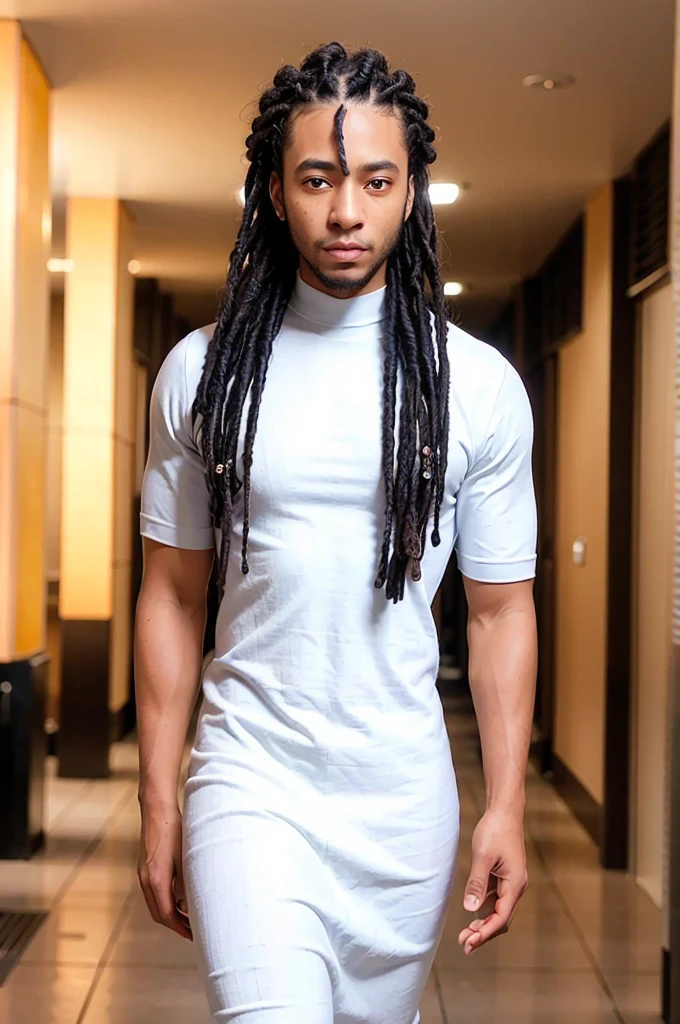 (dreads_hairstyle:1.3),man posing for a photo, wearing elegant, white dress,
good hand,4k, high-res, masterpiece, best quality, head:1.3,((Hasselblad photography)), finely detailed skin, sharp focus, (cinematic lighting), night, soft lighting, dynamic angle, [:(detailed face:1.2):0.2],(((futuristic city))),      