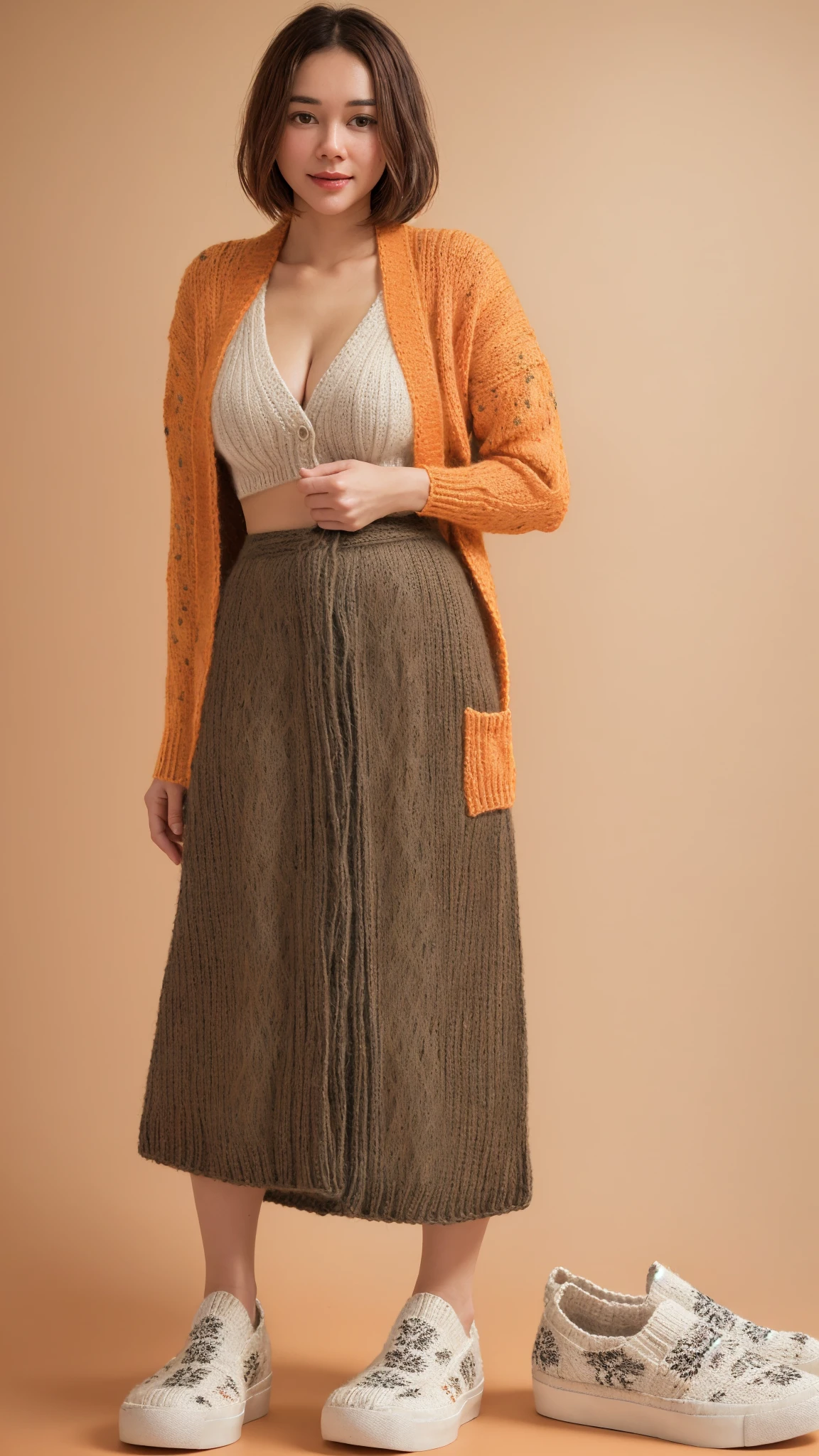 analog film photo solo, realistic, ((woman)), (((short hair))), (((happy512))), ((((Knit_cardigan:1.4),(Printed_midi_skirt:1.3),(Slip-on_sneakers:1.2),(Cozy_café_background:1.4)))), ((Simple Light Orange background:1.5)), ((dynamic pose)), high detailed, 8k, clear facial features, skin gstyle . faded film, desaturated, 35mm photo, grainy, vignette, vintage, Kodachrome, Lomography, stained, highly detailed, found footage, naked, nude, hijab