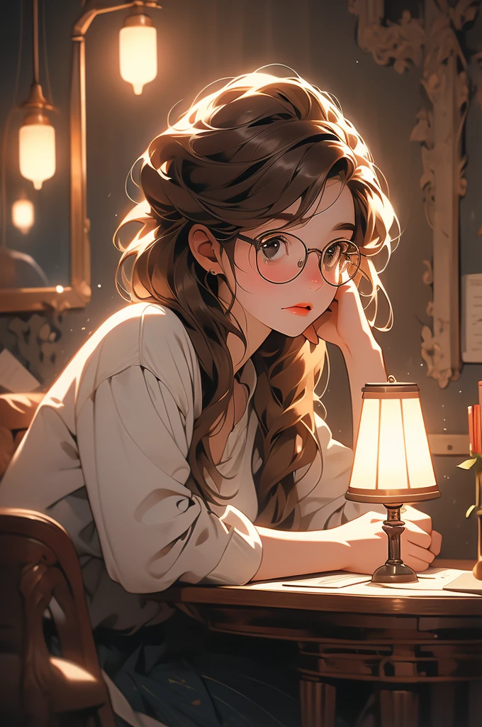 1girl, fluffy brown hair, big round glasses, writing, thoughtfull, freckles, biting tongue, lamp light, sitting behind a table