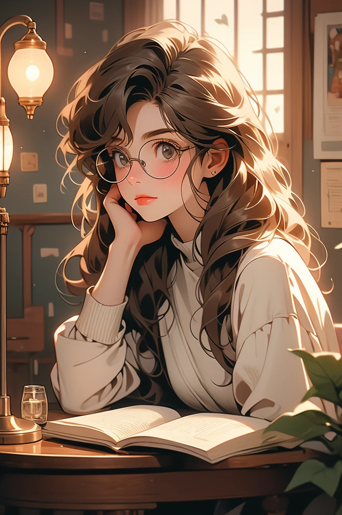 1girl, fluffy brown hair, big round glasses, writing, thoughtfull, freckles, biting tongue, lamp light, sitting behind a table
