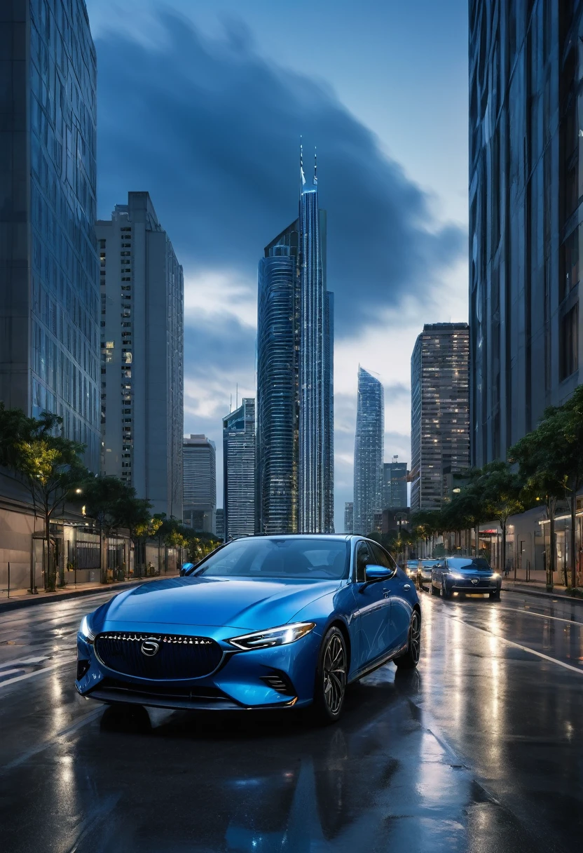 An image with a modern urban background, featuring a cloudy sky and distant tall buildings, suggesting an urban environment at dusk. In the center of the scene, a metallic blue car is at a road