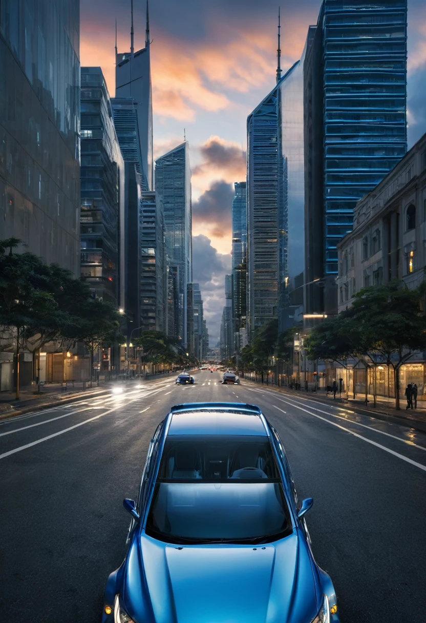An image with a modern urban background, featuring a cloudy sky and distant tall buildings, suggesting an urban environment at dusk. In the center of the scene, a metallic blue car is at a road