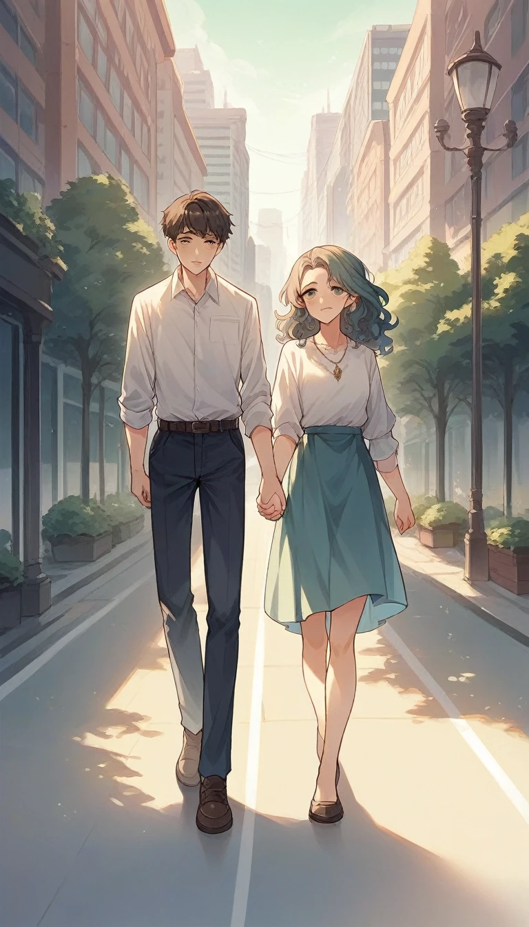 A beautiful woman with wavy hair ,gray,right hand holding the back of the head ,facing the camera ,wearing a necklace ,White shirt,while walking.city park background with hyperrealistic UHD 24