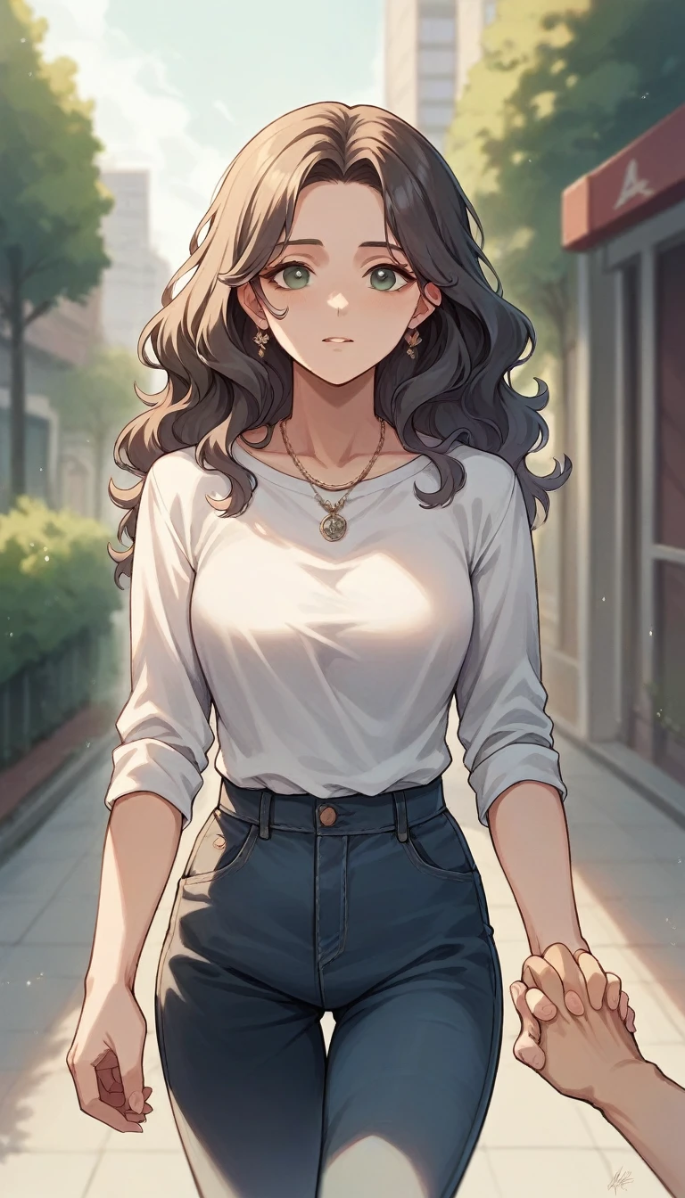 A beautiful woman with wavy hair ,gray,right hand holding the back of the head ,facing the camera ,wearing a necklace ,White shirt,while walking.city park background with hyperrealistic UHD 24