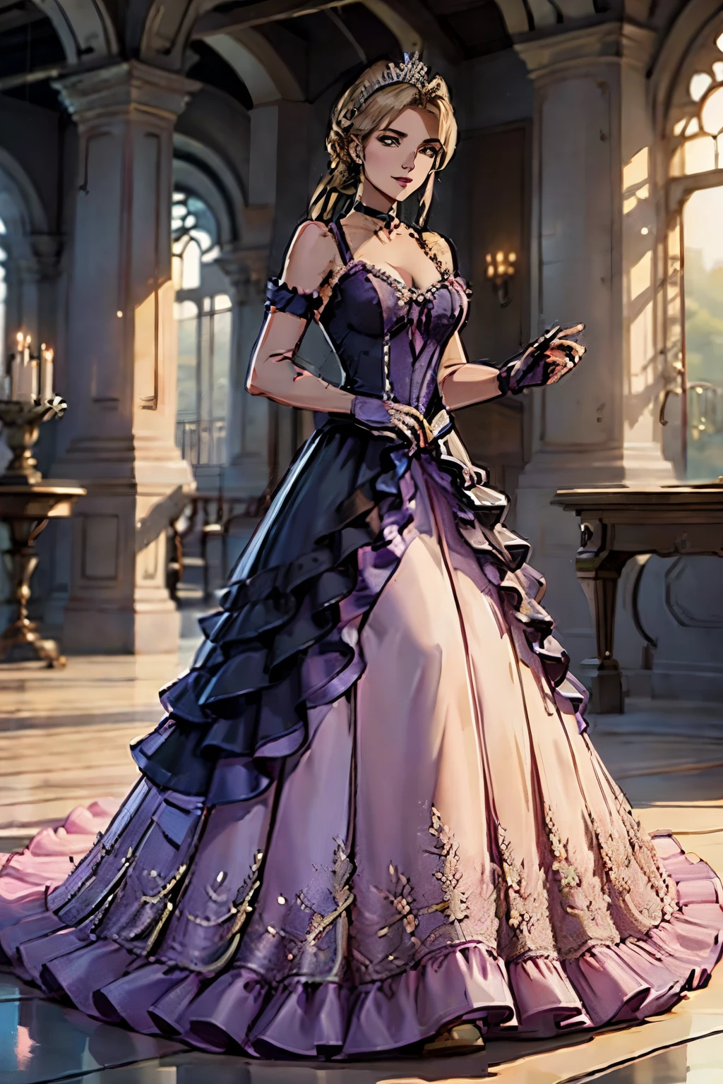 Sonya Blade MK, hair between eyes, ahoge, blonde hair, star \(symbol\), hair ornament, ruffled tulle dress, cleavage, bare shoulders, collarbone, long black elbow gloves, black gloves, black dress, black choker, strapless, tiara, veil, strapless dress, princess dress, veil, beautiful woman, perfect body, perfect breasts, wearing a princess dress, ball gown, in the park trees, wedding decorations, a warm smile, realism, masterpiece, textured skin, super detail, high detail, high quality, best quality, 1080p, 16k