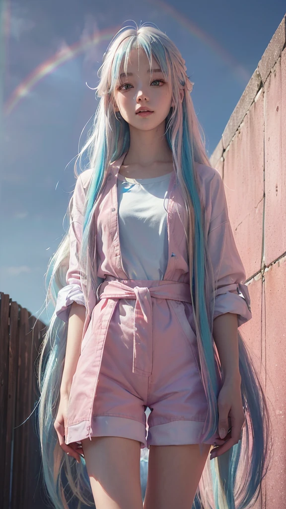 Background,(((blue Sky))) with a((( rainbow,)))(((from below,))) 20-year-old woman,smile,((( Platinum-coloured hair, Medium length hair,Hair with pink gradation at the ends,))) ((pale red eyes,)) Dark Theme, Calm tone, Calm colors, High Contrast, (Natural skin texture, Hyperrealism, Soft Light, sharp)smile,Large size white raincoat, shorts
