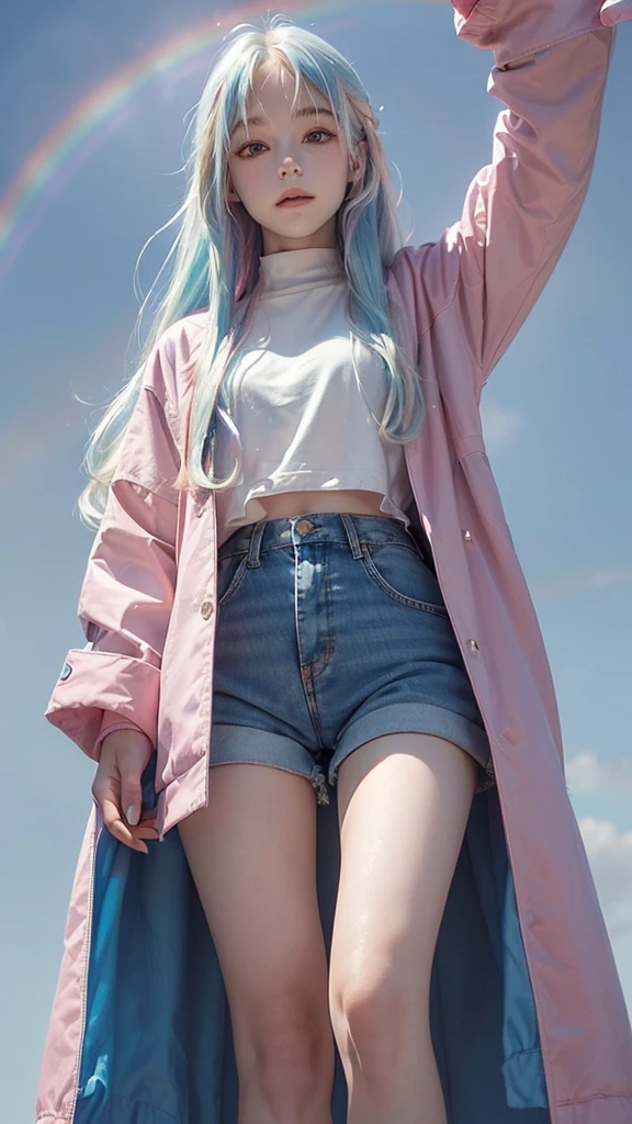 Background,(((blue Sky))) with a((( rainbow,)))(((from below,))) 20-year-old woman,smile,((( Platinum-coloured hair, Medium length hair,Hair with pink gradation at the ends,))) ((pale red eyes,)) Dark Theme, Calm tone, Calm colors, High Contrast, (Natural skin texture, Hyperrealism, Soft Light, sharp)smile,Large size white raincoat, shorts