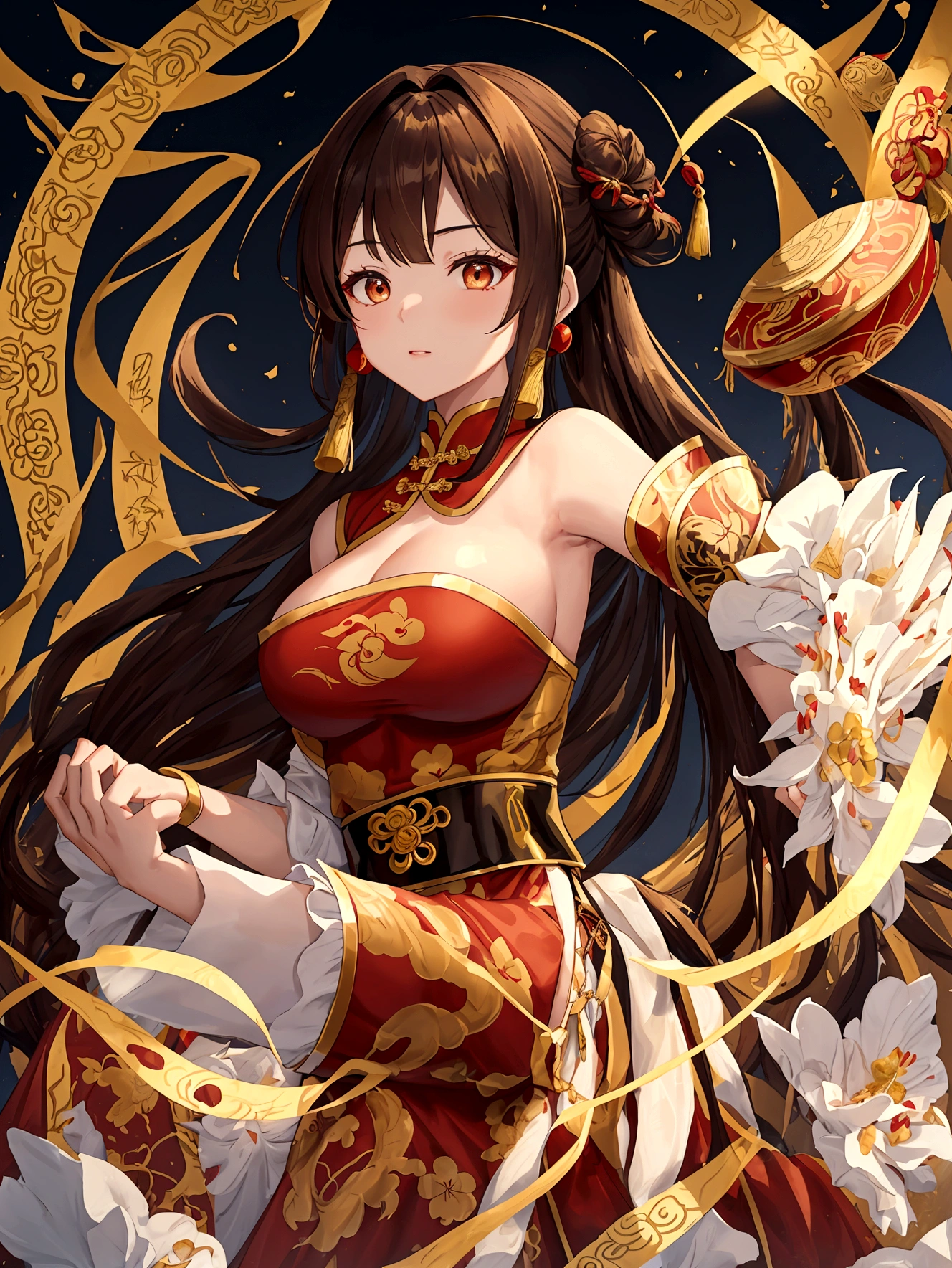 Huge Chinese martial artist girl.long brown hair in hime-cut style, which she ties in Chinese-style twin-buns using white ribbons . Golden eyes. fair-complexion and has a hourglass figure with moderate bust-size.sleeveless-strapless dark red long cheongsam with golden chinese dragon draw on it.