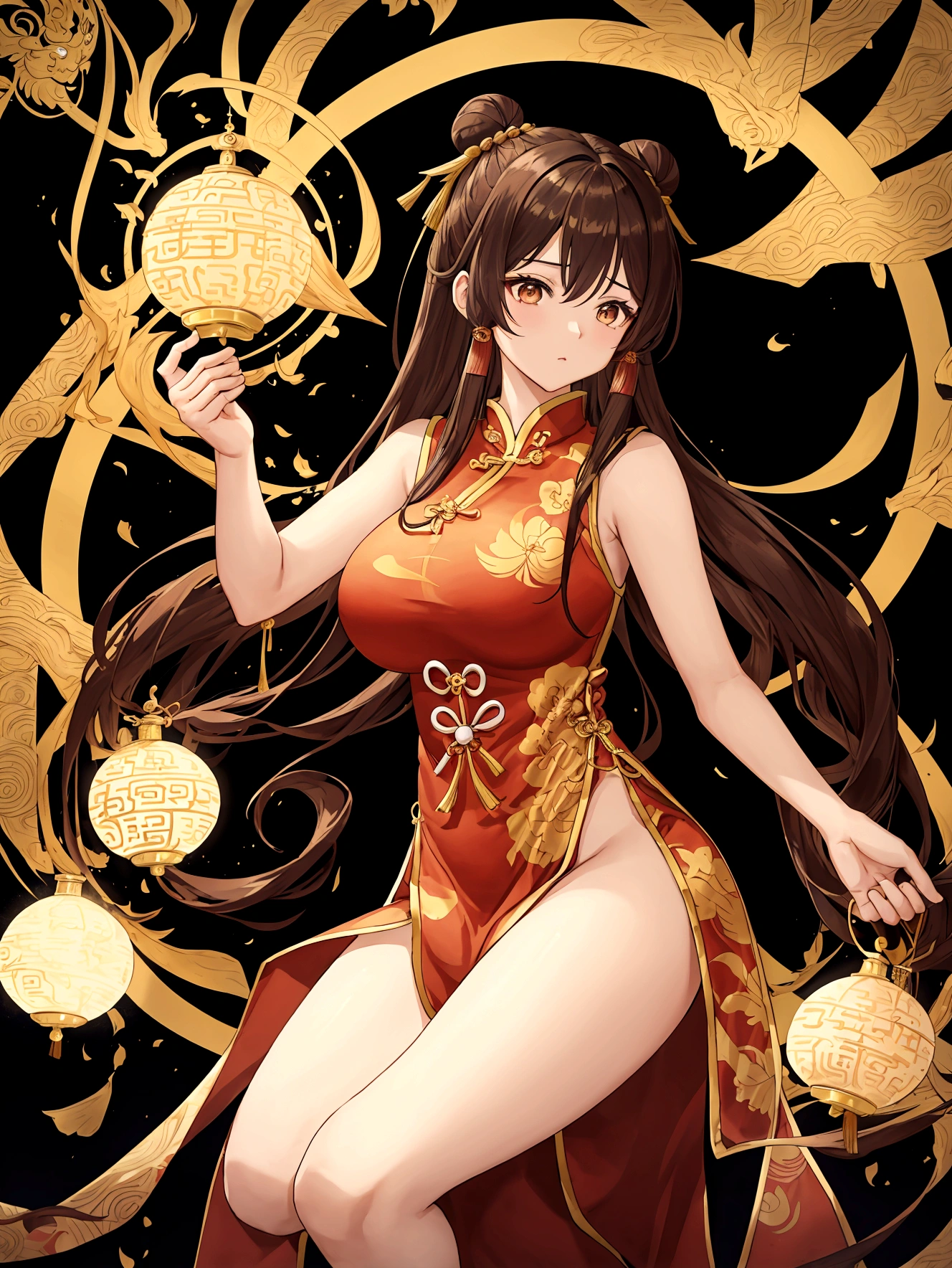 Huge Chinese martial artist girl.long brown hair in hime-cut style, which she ties in Chinese-style twin-buns using white ribbons . Golden eyes. fair-complexion and has a hourglass figure with moderate bust-size.sleeveless-strapless dark red long cheongsam with golden chinese dragon draw on it.