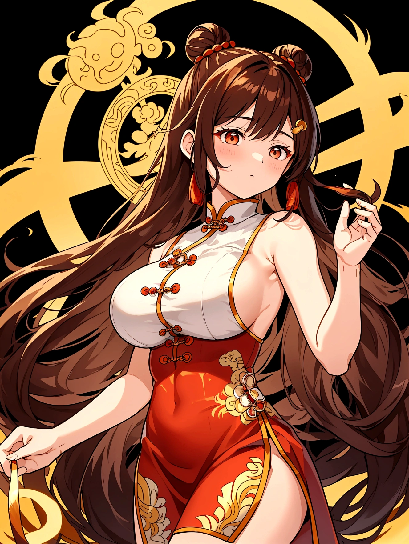 Huge Chinese martial artist s old girl.long brown hair in hime-cut style, which she ties in Chinese-style twin-buns using white ribbons . Golden eyes. fair-complexion and has a hourglass figure with moderate bust-size.sleeveless-strapless dark red long cheongsam with golden chinese dragon draw on it.