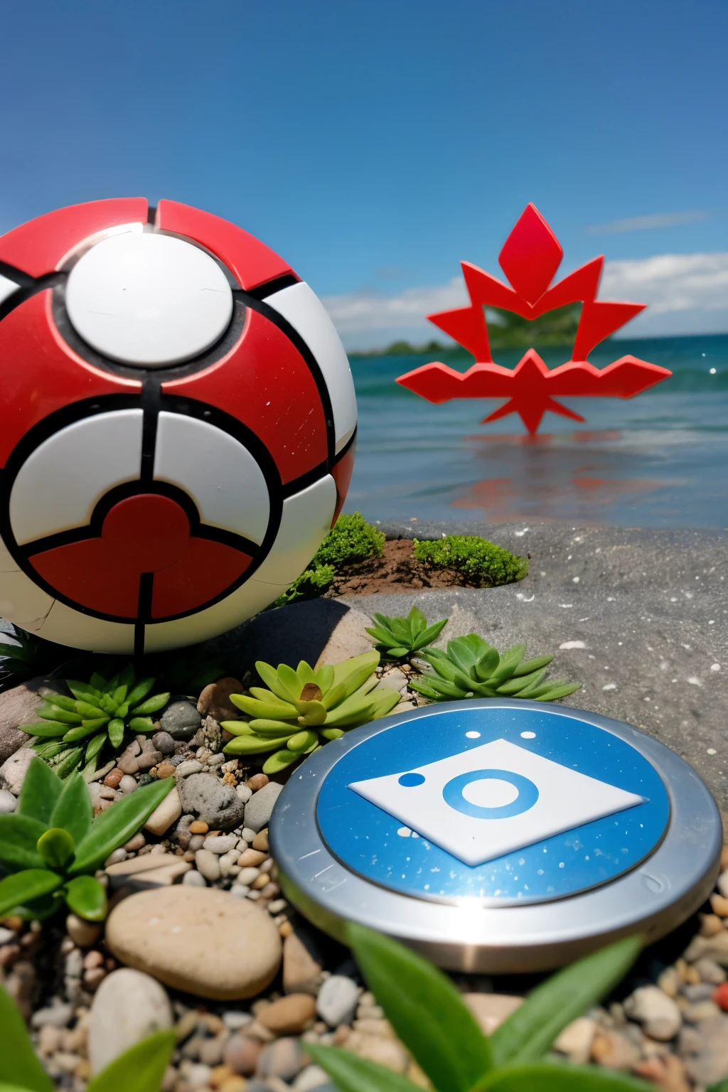 a pokeball (in the middle and the pokemon one, it does not have to be combined with the elements) , The 3 elements must appear in the background , water and fire and plant
(The 3 elements have to be separated and the pokeball has to be there.)