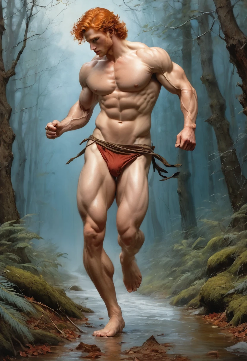 1 man running in the winter forest, by Aaron Horkey and Jeremy Mann, masterpiece, best quality, Photorealistic, ultra-high resolution, photographic light, illustration by MSchiffer, fairytale, Hyper detailed A mixture of photography and painting, Composition of Perfect Divine Proportione, 8k resolution fullbody image,(( view from behind)) full body, oil painting A young man, white skin, ginger, barbed, hairy body, thin face, straight nose, thin lips, square chin, large light blue eyes, short red wavy hair, in roberto ferri style, aesthetic slim athletic body, ginger realistic skin, gorgeous, detailed tonned muscles, barefoot, perfect anatomy, muscled fitness body, in caravagio+rubens+rembrant art style. Young man, perfect anatomy, , energetic splendid, Barefoot, naked, small flacid penis, slim and detailed muscles, shirtless, pantless, fullbody, wearing sandals, the composition of shadows and lights give an atmosphere of spaciousness, he is a spartan soldier running on the spring ultra intricated detailed jungle , barefoot, perfect detailed feet, relaxed body lenguaje, relaxed face expresion. in the backgroound, forest in winter