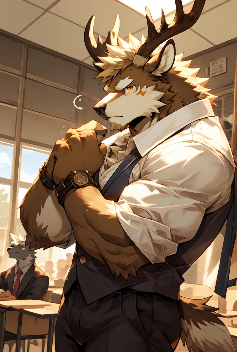 (by sollyz),Elk,detail face, detail eyes, detail,male,pants,nacked,furry, short hair,Looking at the audience,body in front,
,handsome,class room,stand,teacher,
strong,epic,
