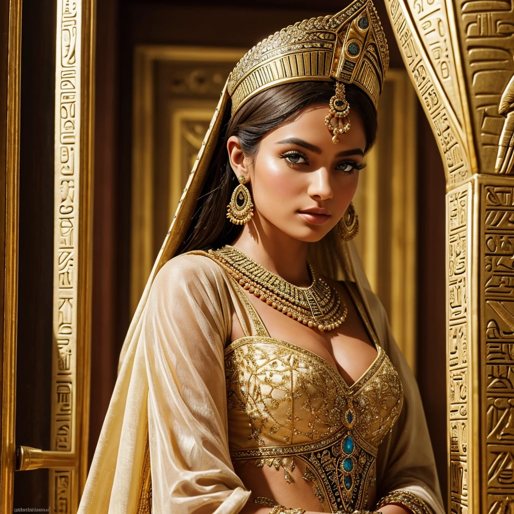 Best quality, masterpiece, ultra high resolution, white background, realistic, hadesstyle, retracted from a 16-year-old prince on the battlefield, short blonde hair, amber eyes, Imperial Prince armor, cape, depth of field, A visually stunning and detailed photorealistic image capturing a beautiful woman adorned in an Egyptian-style attire. The woman is elegantly styled with a bun hat that partially covers her face, adding an air of mystique and allure to her appearance. Her outfit features intricate designs and embellishments reminiscent of Egyptian fashion, enhancing her regal and timeless look. The woman is adorned with exquisite jewelry, further accentuating her elegance and grace. Her smooth and flawless skin, coupled with a hint of makeup highlighting her features, enhances her beauty and sophistication. The overall composition focuses on showcasing the woman's charm, the ornate Egyptian attire, and the intricate details of her ensemble. The photorealistic style brings out the richness and realism of the Egyptian-inspired aesthetic, creating a visually captivating and enchanting image. The camera shot should be a medium view to capture the woman's elegance and the intricate details of her Egyptian-style outfit