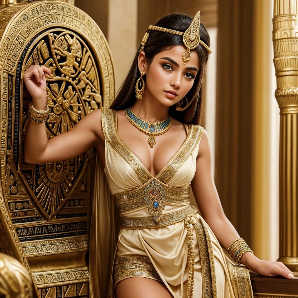 Best quality, masterpiece, ultra high resolution, white background, realistic, hadesstyle, retracted from a -yeld pre on the battlefield, short blonde hair, amber eyes, Imperial Prince armor, cape, depth of field, A visually stunning and detailed photorealistic image capturing a beautiful woman adorned in an Egyptian-style attire. The woman is elegantly styled with a bun hat that partially covers her face, adding an air of mystique and allure to her appearance. Her outfit features intricate designs and embellishments reminiscent of Egyptian fashion, enhancing her regal and timeless look. The woman is adorned with exquisite jewelry, further accentuating her elegance and grace. Her smooth and flawless skin, coupled with a hint of makeup highlighting her features, enhances her beauty and sophistication. The overall composition focuses on showcasing the woman's charm, the ornate Egyptian attire, and the intricate details of her ensemble. The photorealistic style brings out the richness and realism of the Egyptian-inspired aesthetic, creating a visually captivating and enchanting image. The camera shot should be a medium view to capture the woman's elegance and the intricate details of her Egyptian-style outfit