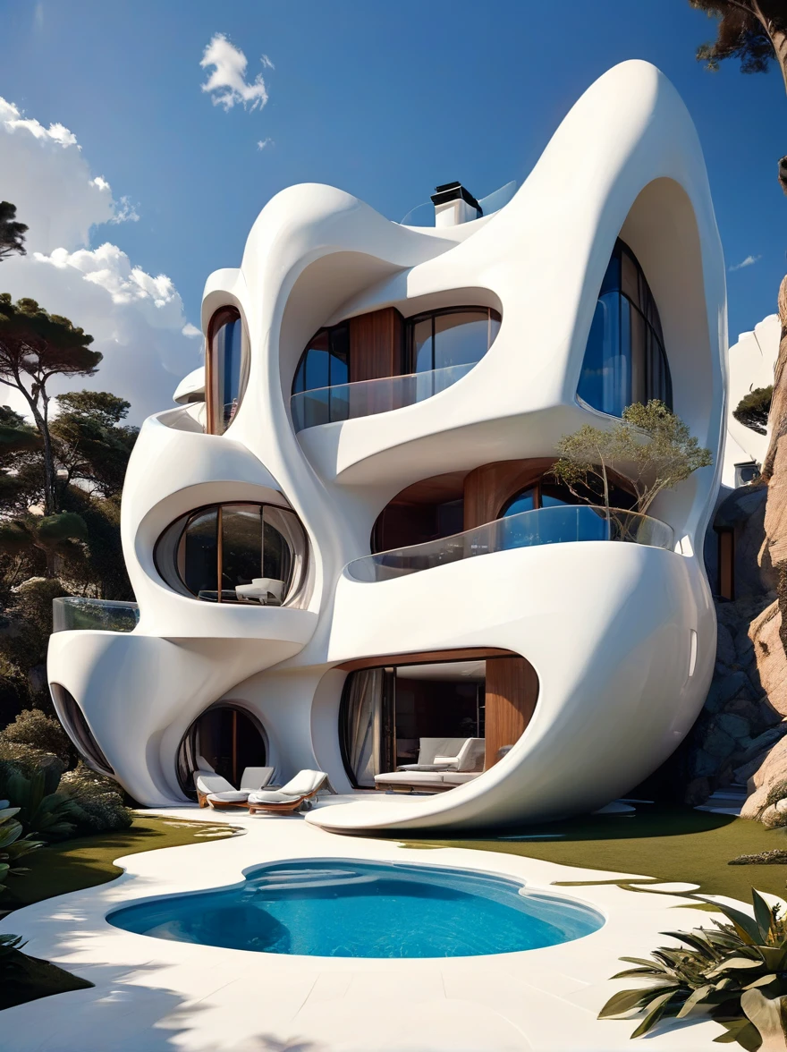 futuristic home incorporates organic fluidity、Unique shapes,and use artistic imagination to render houses and landscapes, Pure white technology style