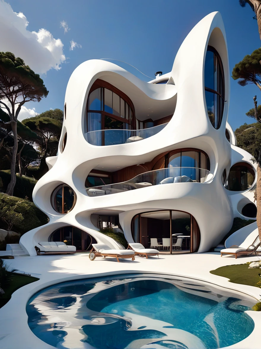 futuristic home incorporates organic fluidity、Unique shapes，and use artistic imagination to render houses and landscapes, Pure white technology style