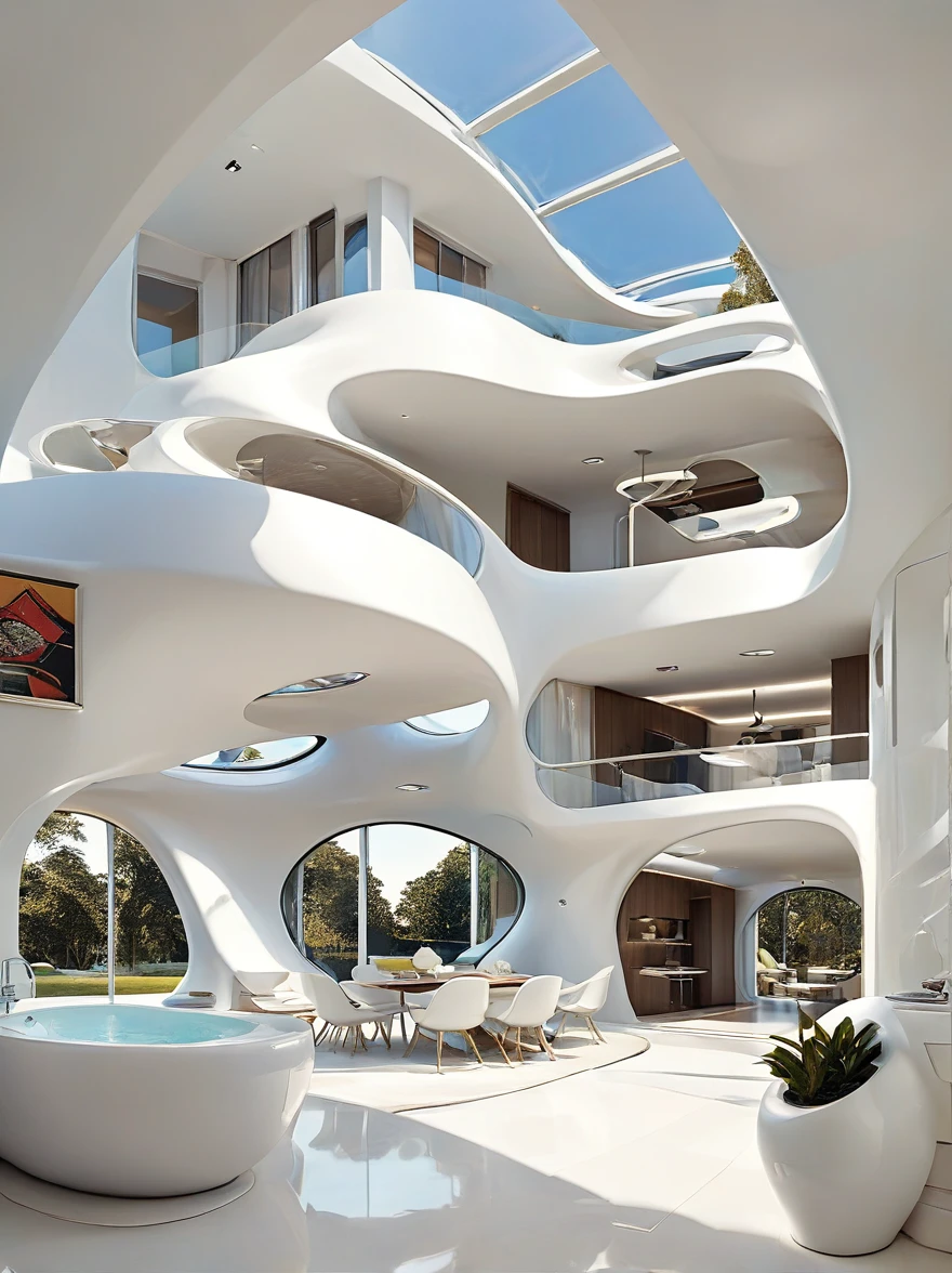 futuristic home incorporates organic fluidity、Unique shapes，and use artistic imagination to render houses and landscapes, Pure white technology style