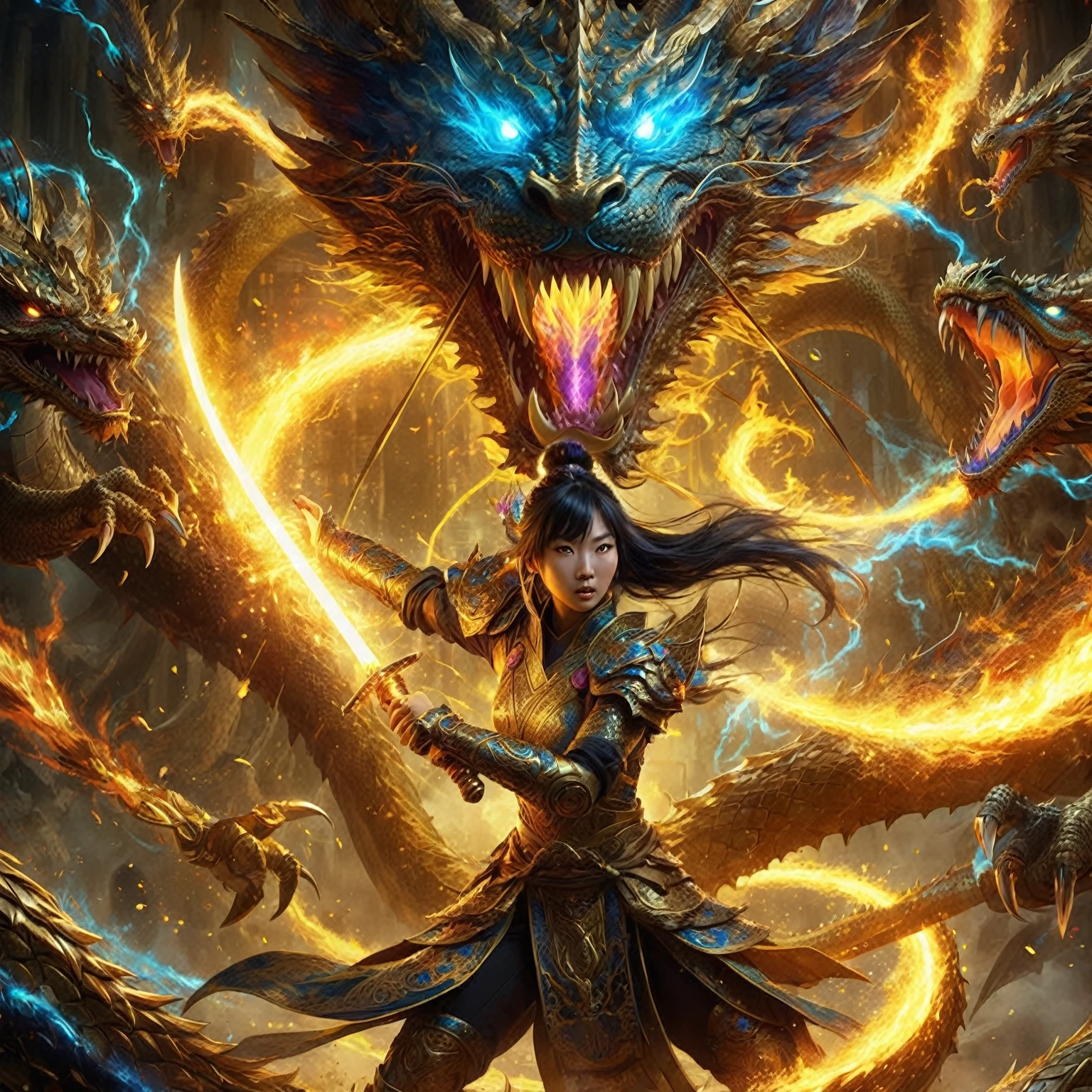 an Asian female warrior in a glowing gold costumes holding a glowing sword and a Giant Ferocious Dragon with a dark aura around her, bursts of gold blue pink fire from the dragon's mouth, bright face light, facing at the camera, fiery light coiled around his body, aggressively twirling with her claws creating gusts of wind and explosions of aura, torn clothes flying in a circle, wearing cybernetic enhancements, her is overing above occult symbols underneath on the ground with