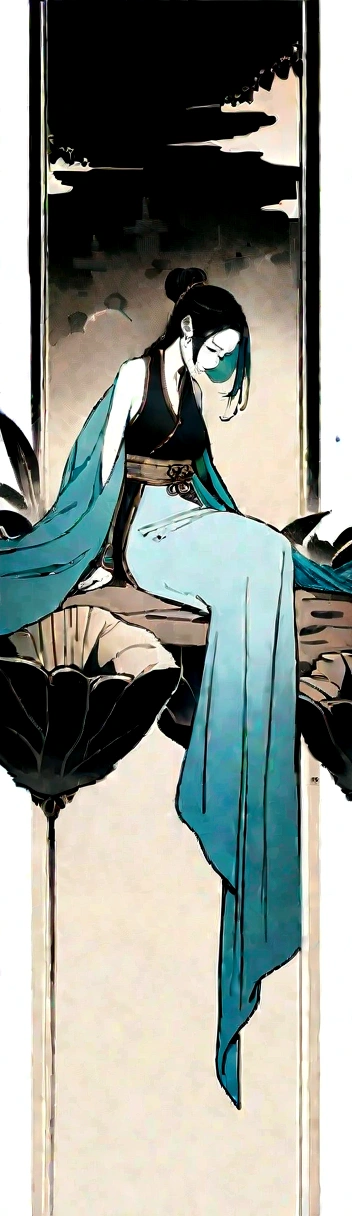 Ancient Chinese beauty sitting on stone, wearing ancient Chinese costume, flowing blue tulle, light silk, lazy pose, large lotus leaves, lotus flowers, ink painting style, clean colors, decisive cutting, white space, freehand, masterpiece, super detailed, epic composition, high quality, highest quality, 4k --v 6
